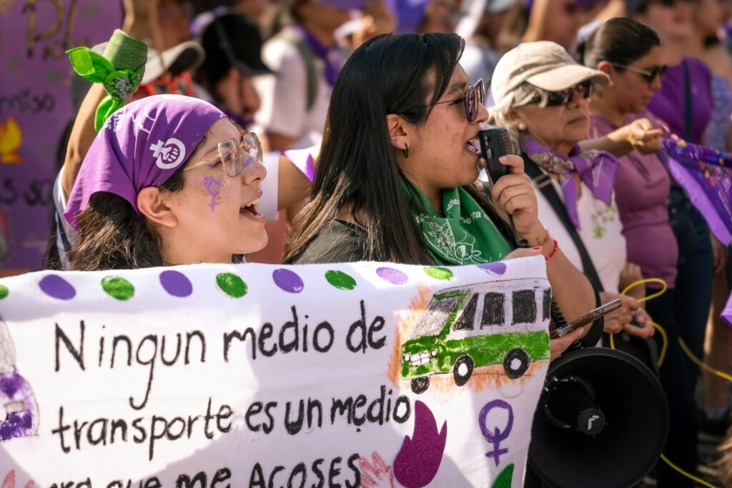 Women participate in a peaceful protest in Mexico City advocating for women's rights and empowerment.